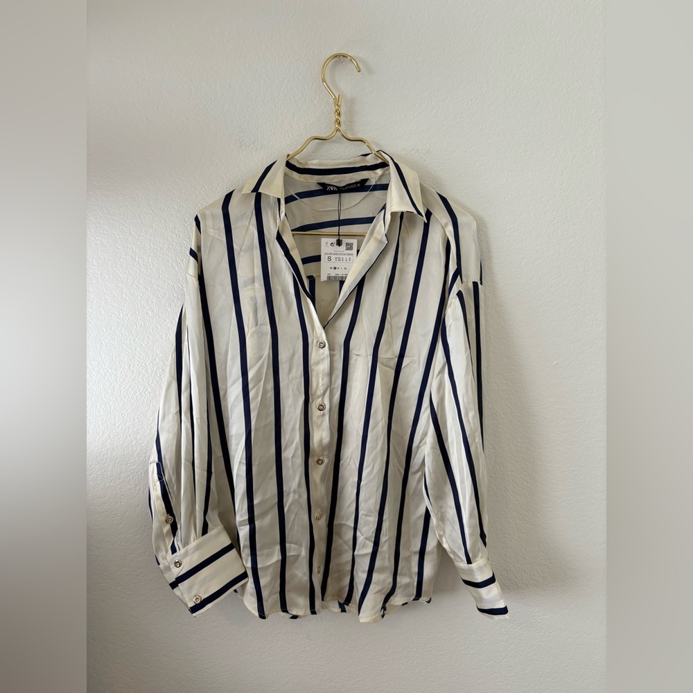 Zara womens Cream and navy Striped blouse